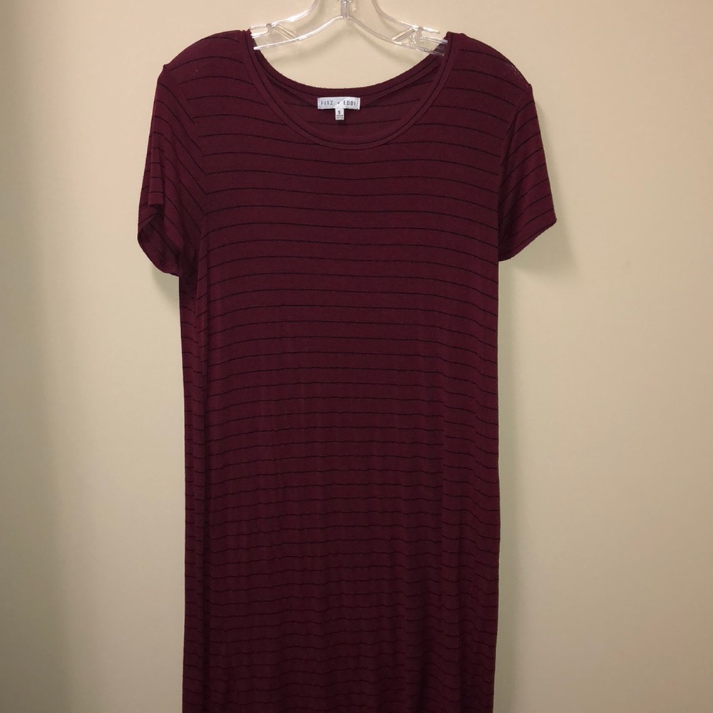 Maroon & black striped t-shirt dress.